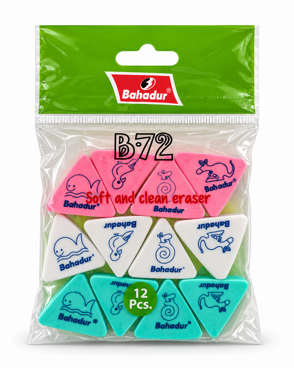 Bahadur B-72 Soft & Clean Triangle Erasers – Pack of 12