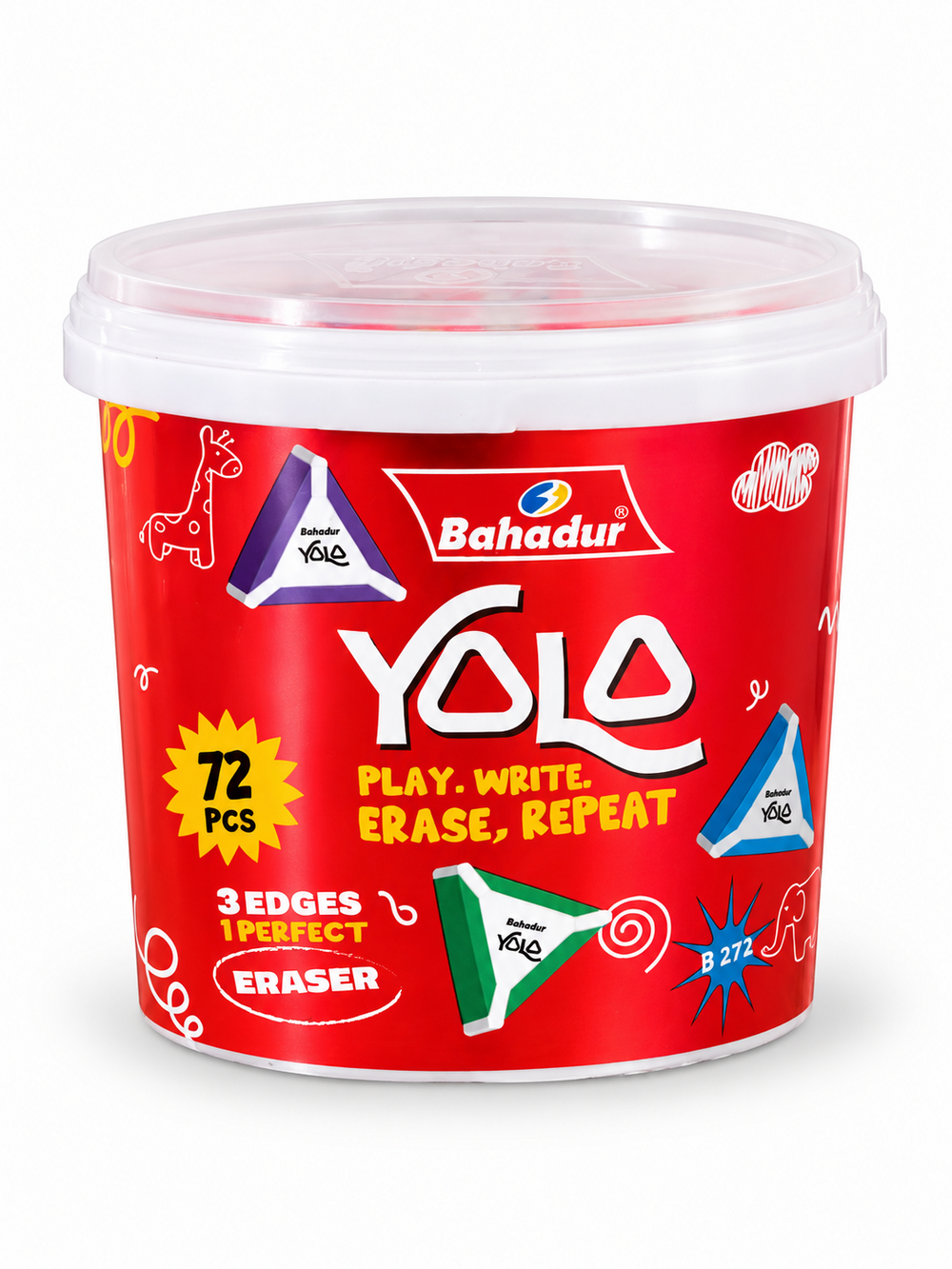Bahadur B-272 Yolo Triangle Erasers – Jar of 72