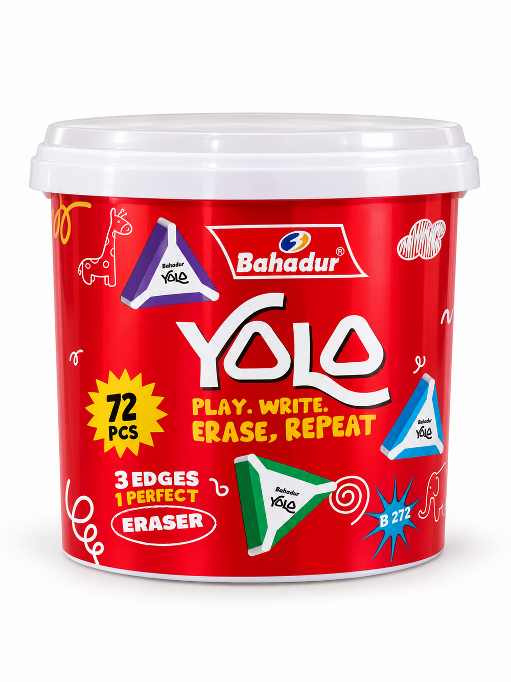 Bahadur B-272 Yolo Triangle Erasers – Jar of 72