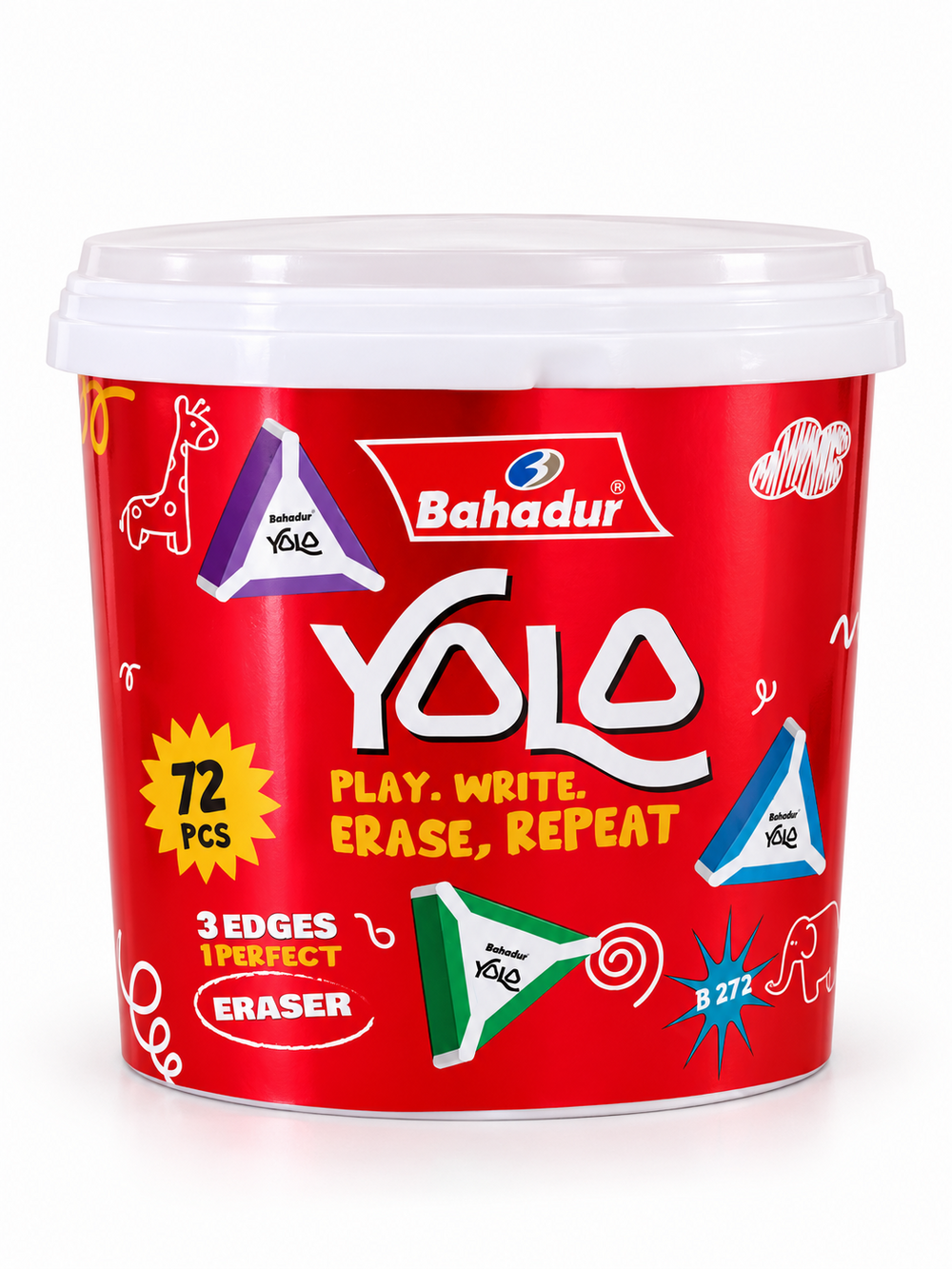 Bahadur B-272 Yolo Triangle Erasers – Jar of 72