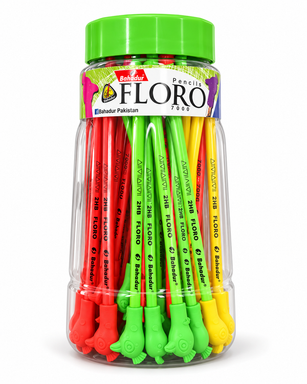 Bahadur Floro Tri 7000 2HB Pencils with Peacock Eraser – Jar of 48