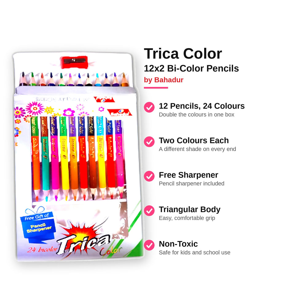 Bahadur Trica 12x2 Bi-Color Pencils – 24 Colours with Sharpener